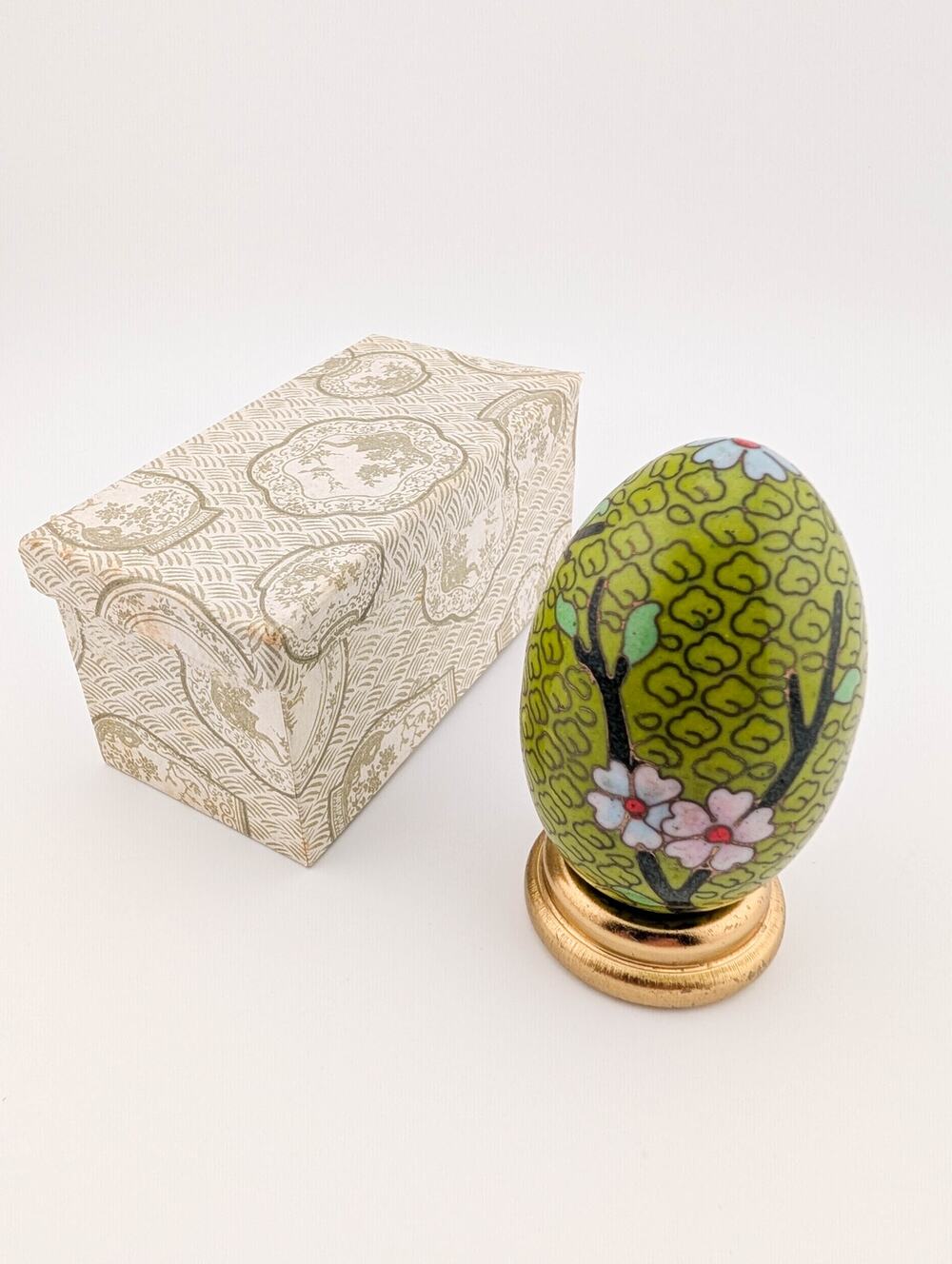 Vintage Cloisonne Egg Cherry Blossom Design with Brass Stand New Old Stock